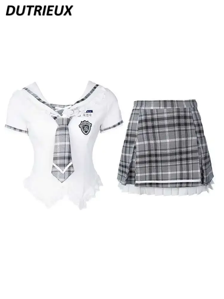 JK Uniform Preppy Style Two Piece Set Summer Sailor Suit Sailor Collar White Short-Sleeved Shirt and Gray Plaid Hip Skirt