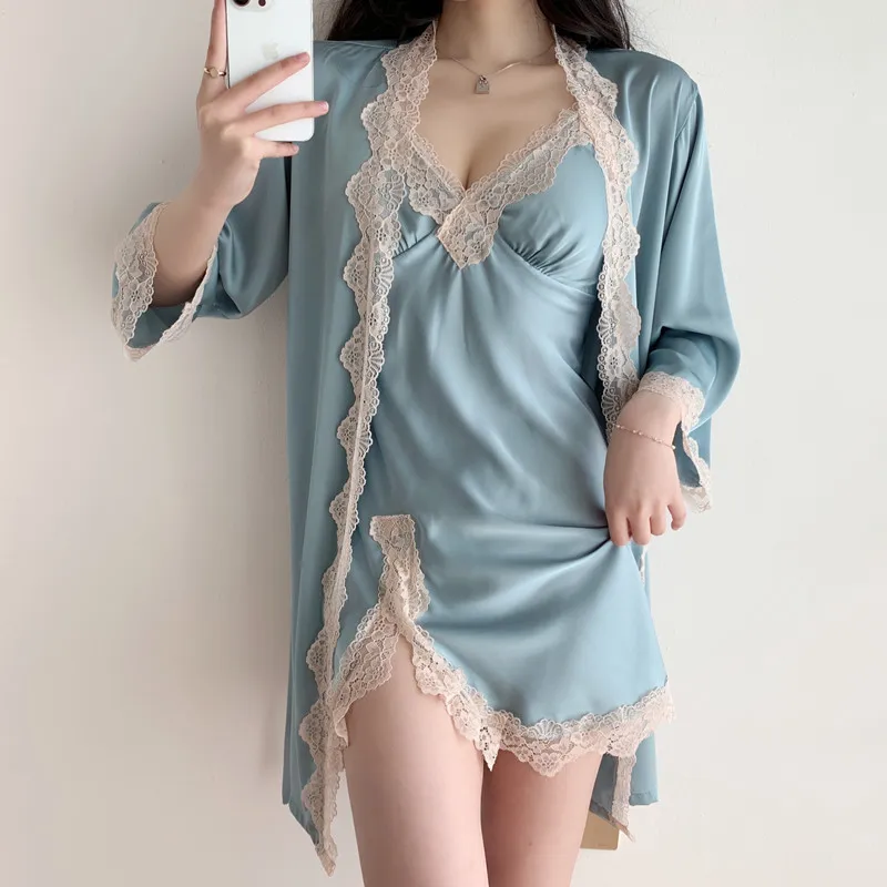 

Spring Nightgown Robe Suit Sexy Chemise Sleepwear Gown Lingerie Lake Blue Women Lace Nightwear Kimono Bathrobe Set Loungewear