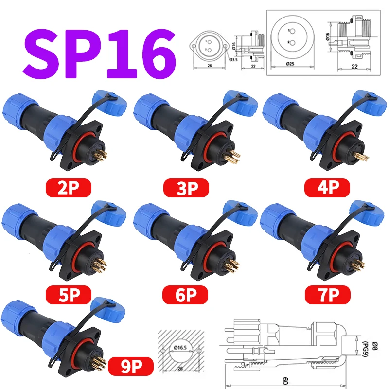 IP68 Aviation Connector SP17 SP13 SP16 SP20 SP21 Male Plug & Female Socket 2 Hole Flange Panel Mount 2 3 4 5 6 7 9 10 12Pin