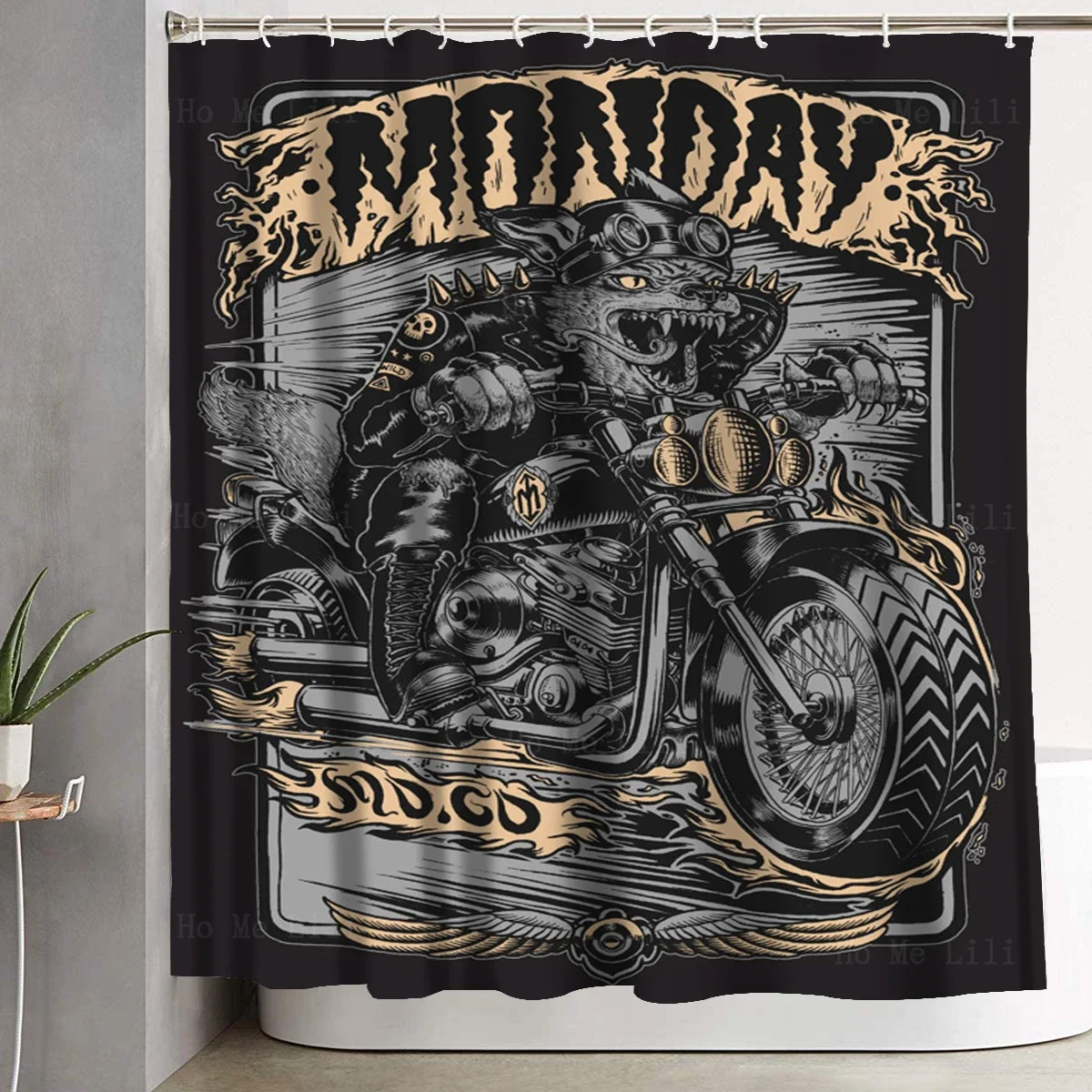 Monster Riding Motorbike Classic Cars And Gas Station Retro Font Shower Curtain By Ho Me Lili For Bathroom Decor