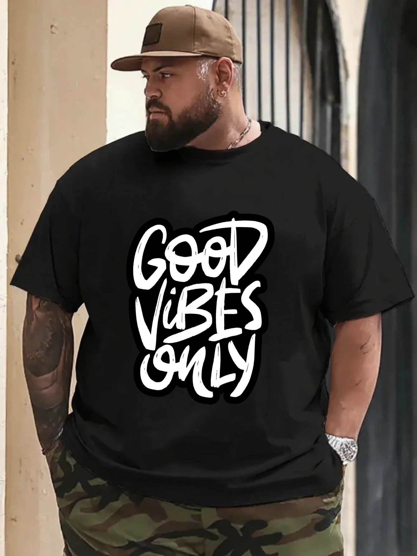 

Men's "Good Vibes Only" Letter T-Shirt Positive Retro Casual Streetwear Cotton Tops