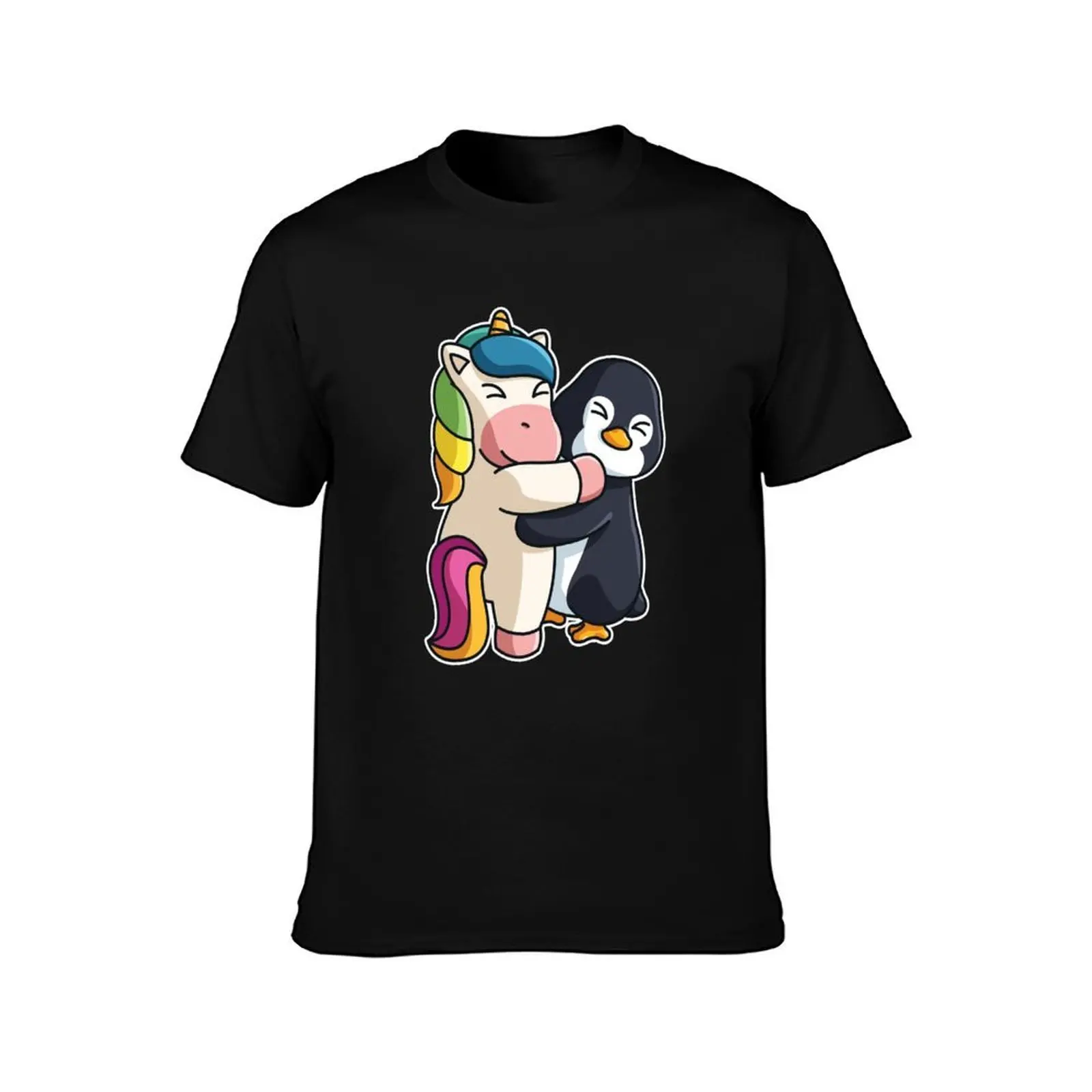 Unicorn hugging Penguin Hug Cuddle Animals T-Shirt, Summer Casual Cotton Tee, Oversized Streetwear Tops, Vintage Graphic Print