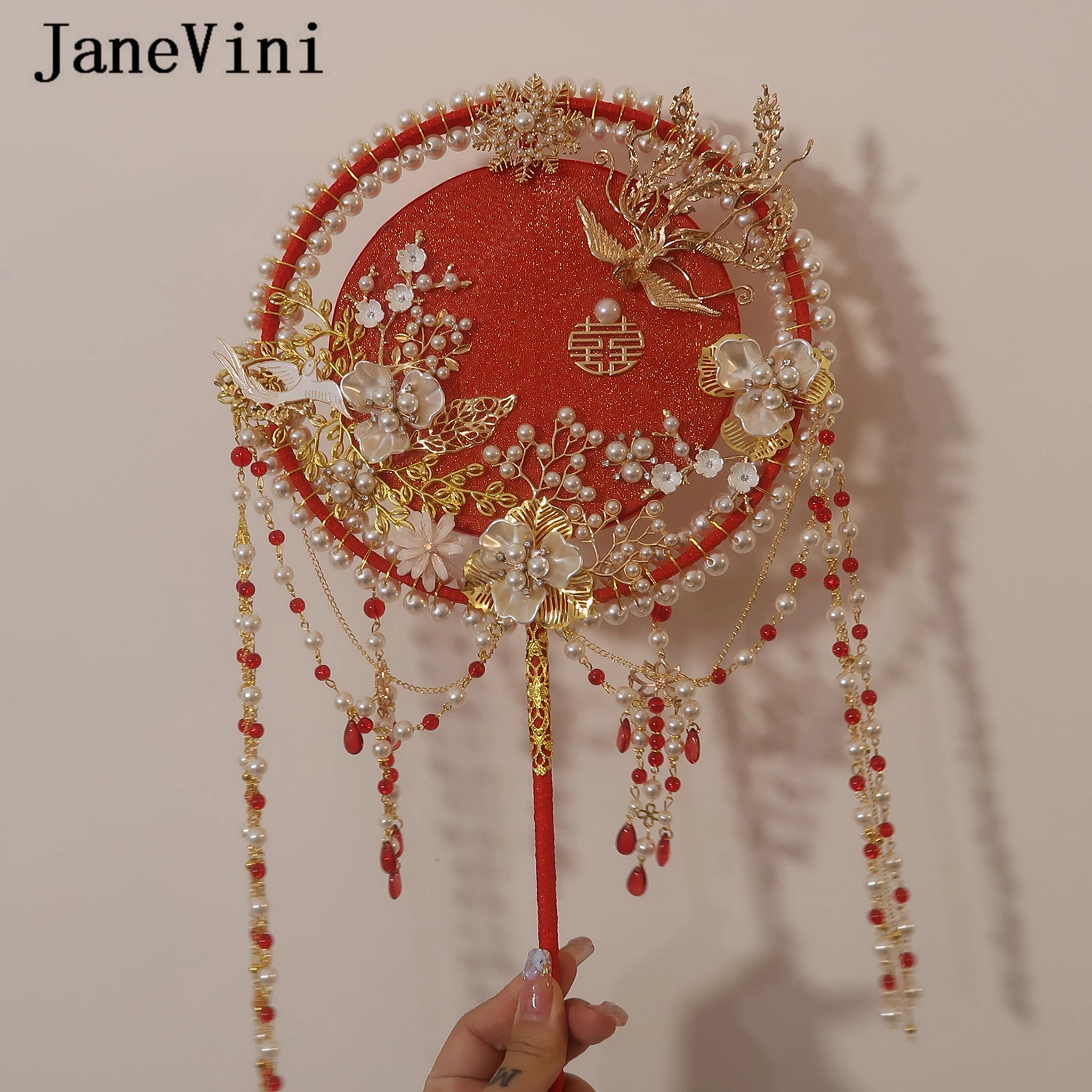 JaneVini 2022 Gold Phoenix Bridal Bouquets Fan Artificial Flowers Long Tassels Traditional Chinese Wedding Fan Bride Accessories