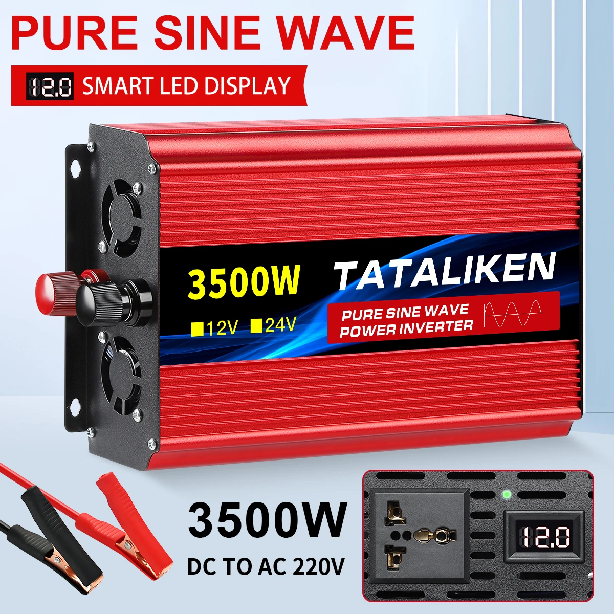 محول طاقة بموجة جيبية نقية 12 فولت إلى 220 فولت 50 هرتز 1000 وات-4500 وات نطاق واسع مع شاشة LCD ومروحة تبريد #2