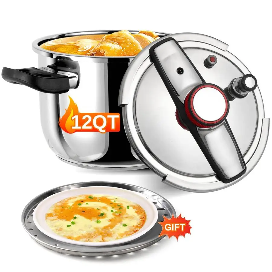 

Cooker 12 QT, Stainess Steel Pressure Canner 12 Quart, ExplosionProof Cookware, Rotating Lock Unlock Lid, Onehanded lid opening,
