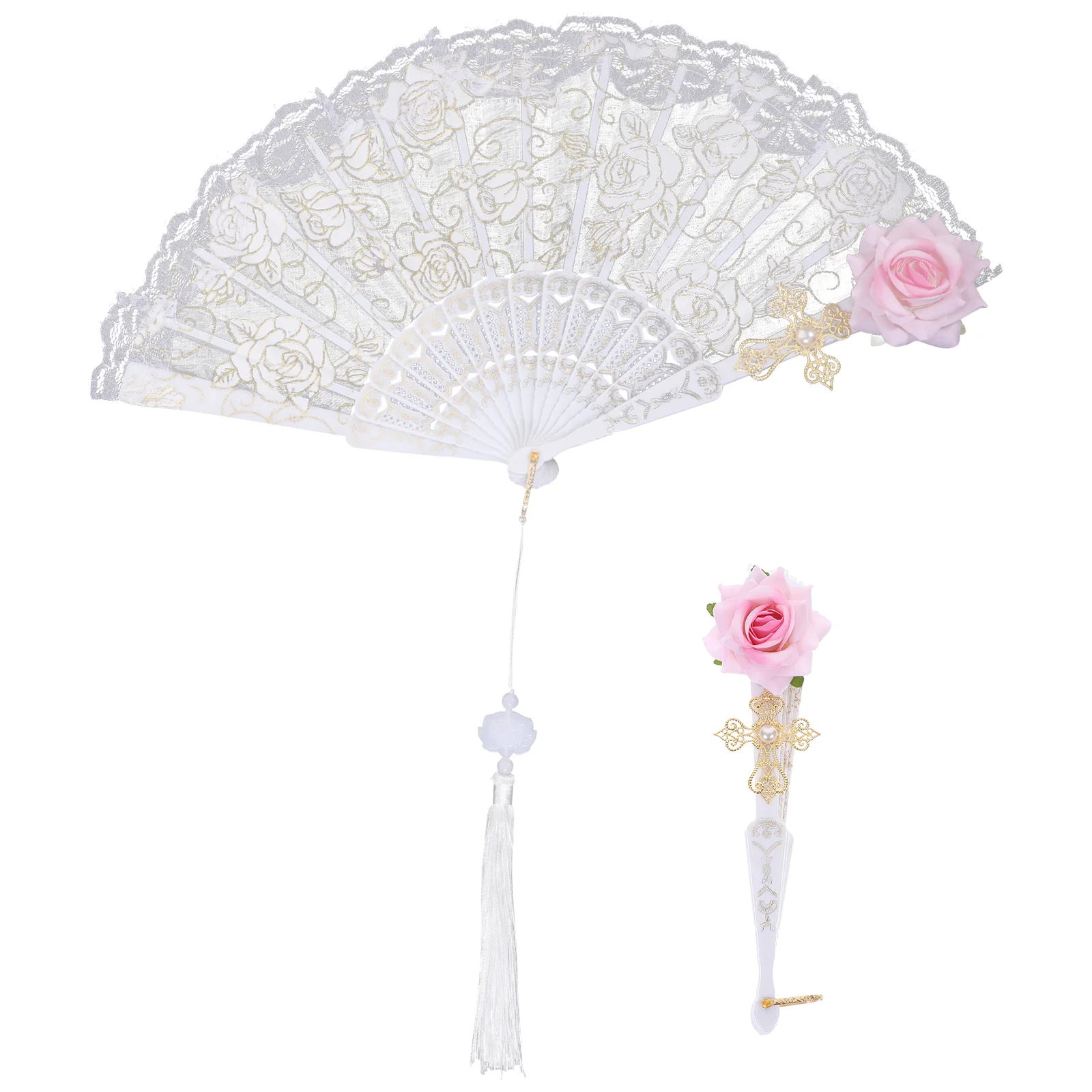 Foldable Hand Decorative Marabou Fan Lace Folding Vintage Handheld Women White Plastic Lolita Bride