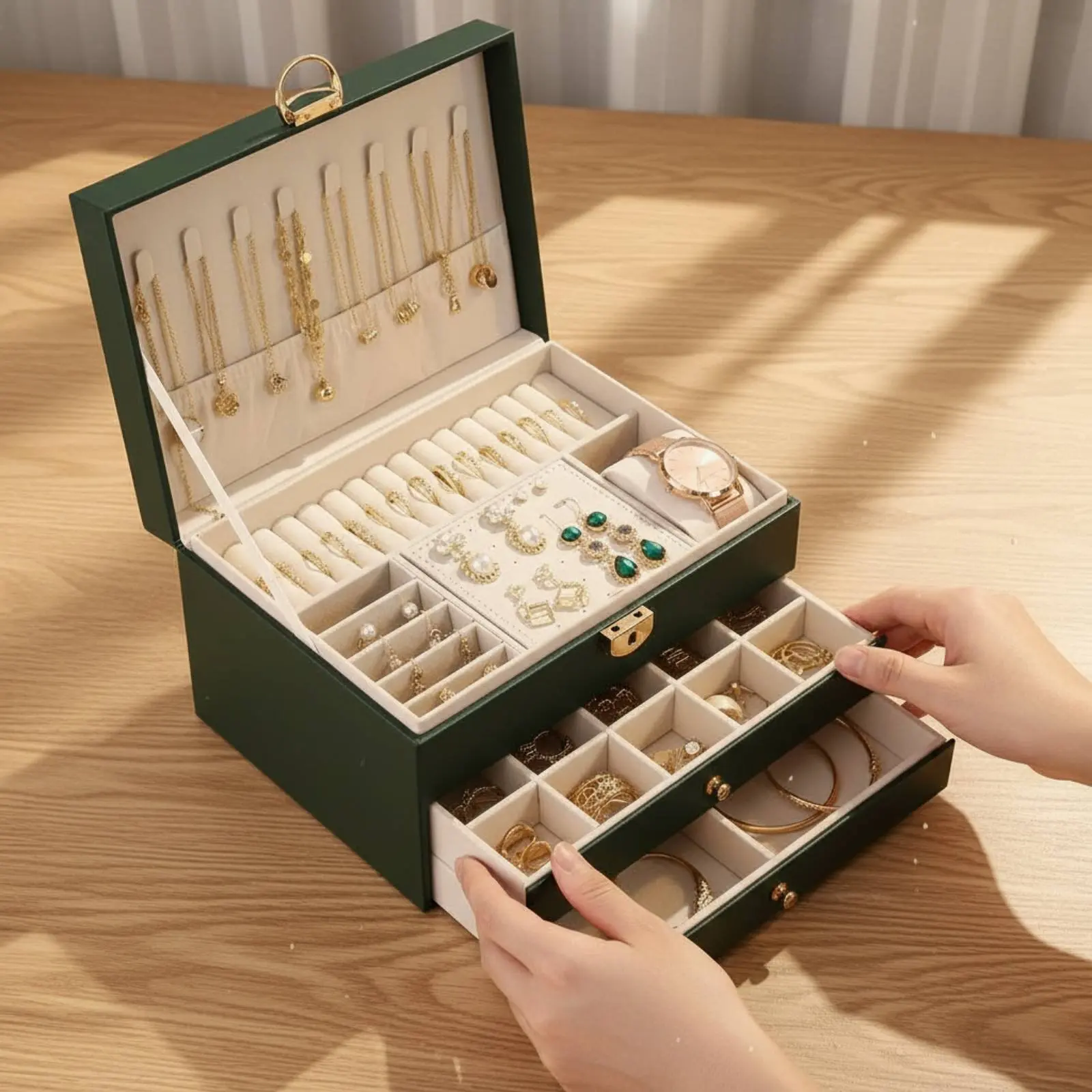 

Двухуровневая шкатулка для украшений: элегантный дизайн, многоуровневый органайзер для ювелирных изделий, держатель для ожерелий и браслетов, защита от истирания для туалетного столика