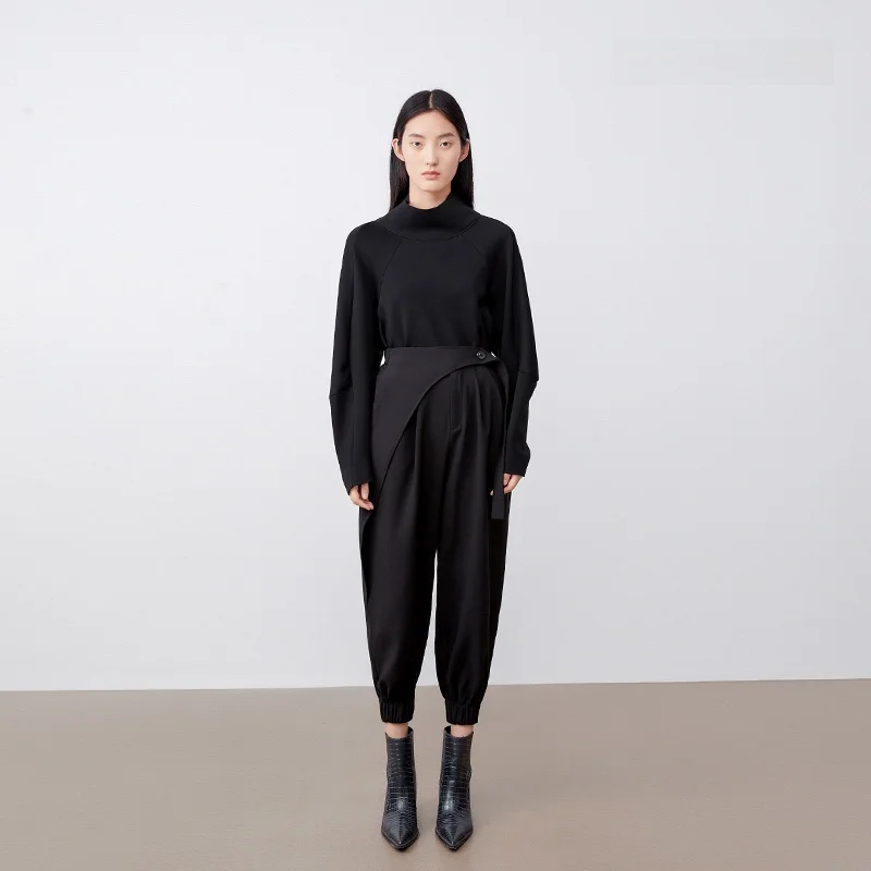 

XMOOM Autumn New Casual Pants Women Faionable Waist Cuffed Trousers Long Pants Loose Fit Comfortable Cotton Blend