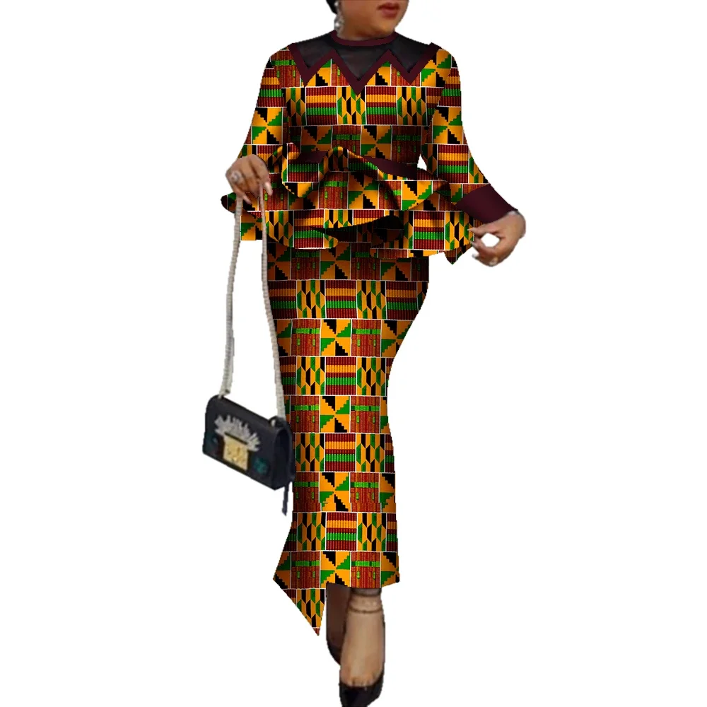 Afrikaanse Print Kleding Vrouwen Afrikaanse Outift 2 Delige Set Ruches Tops En Rok Vrouwen Rokken Suit Party Dress Custom Made WY6139