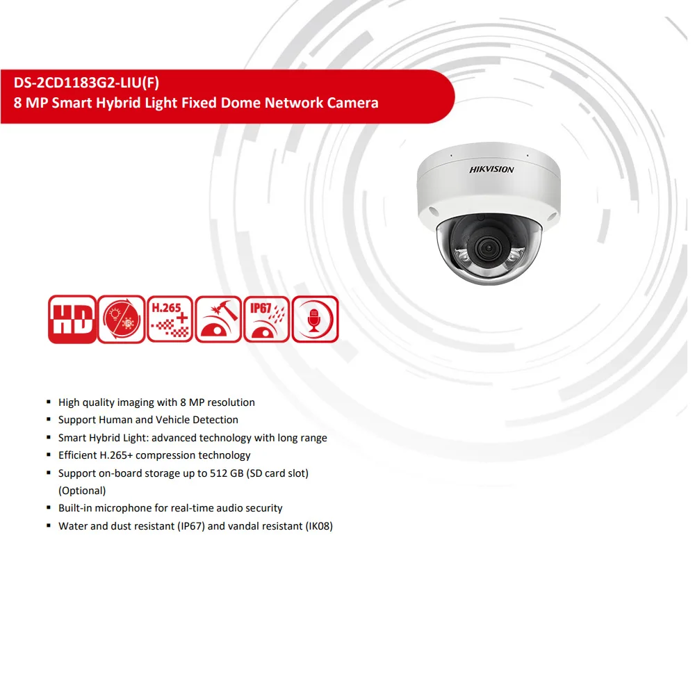 Hikvision 8MP IP 카메라 DS-2CD1183G2-LIUF 4K 스마트 하이브리드 라이트 IR 백색광 내장 마이크 돔 네트워크 카메라 SD 카드 슬롯