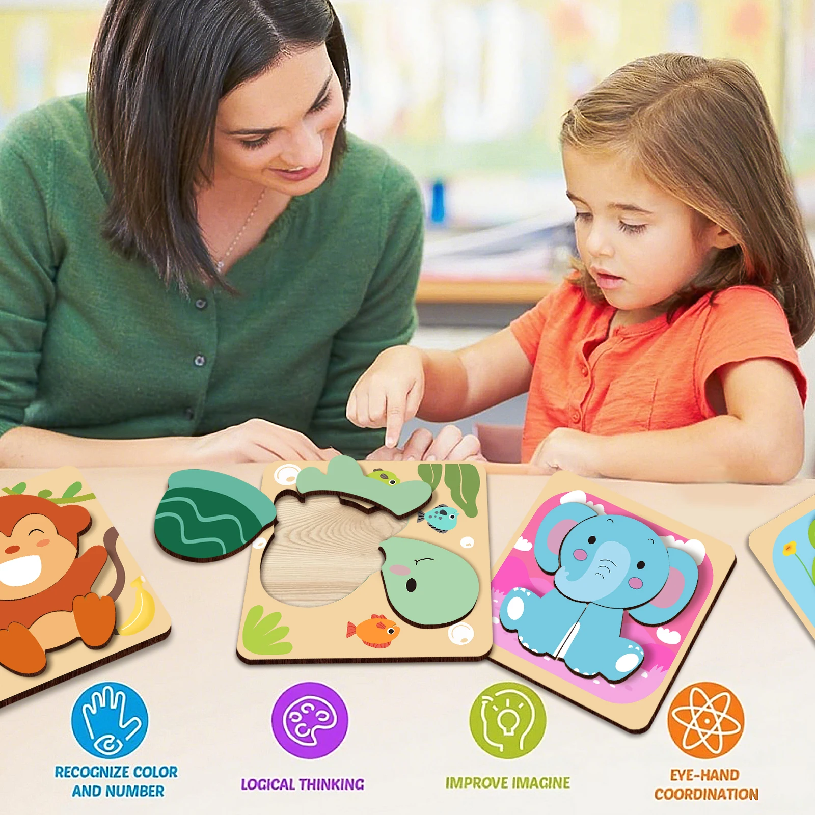Giocattoli puzzle educativi per bambini: puzzle in legno della serie di animali carini per lo sviluppo di abilità motorie e la cognizione