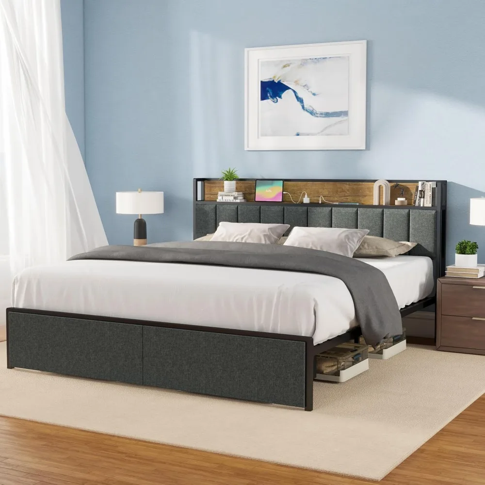 Bed Frame with Storage Headboard, Built-in Charging Station & LED Lights – Sturdy Platform Bed with Drawers