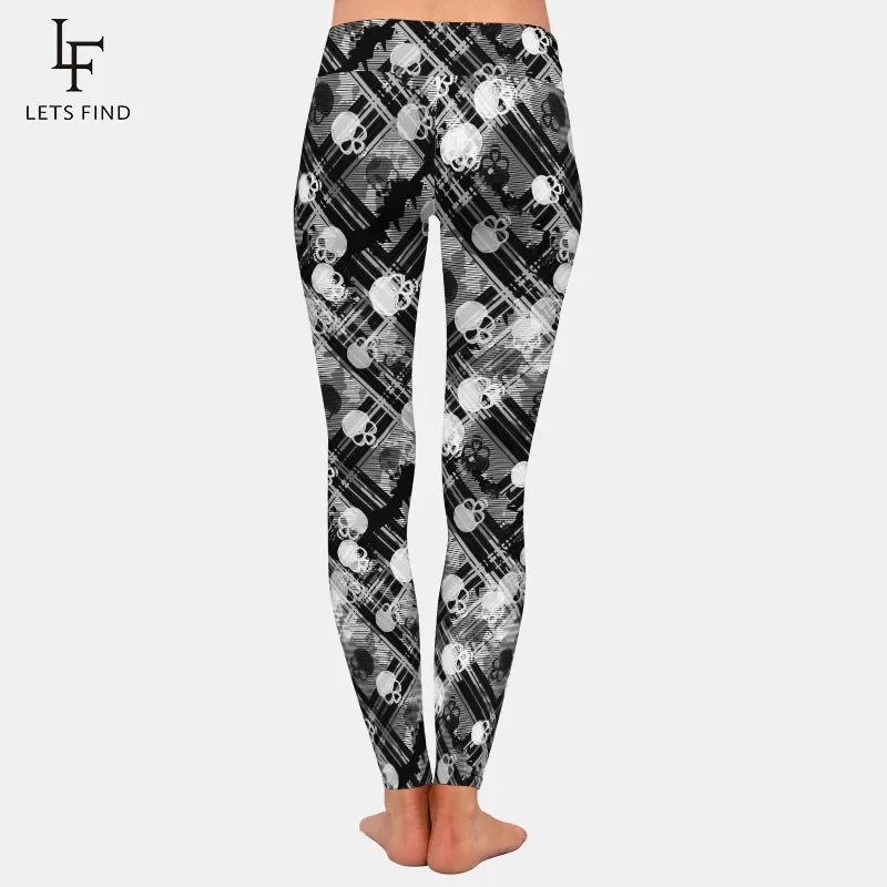 LETSFIND Legging Wanita Seksi Legging Hitam Melar Ramping Fitness Pinggang Tinggi Motif Tengkorak Digital 3D