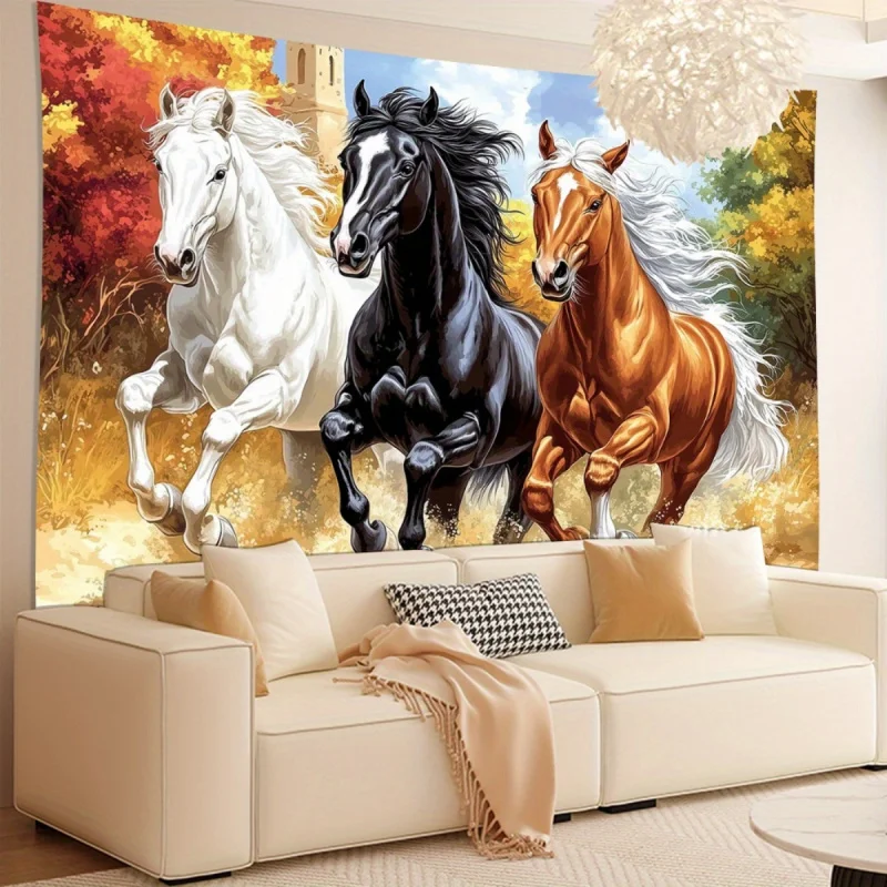 VIKAMA Tri-Color Galloping Horses Tapestry Dynamic Autumn Forest Art Wall Hanging Living Room & Bedroom Feature Wall Decor