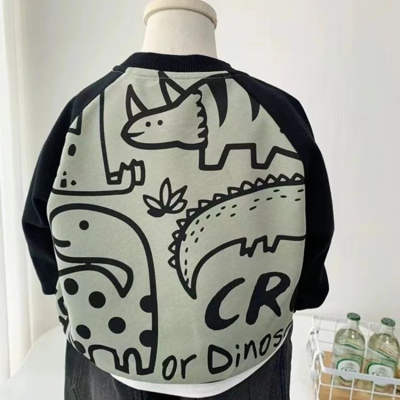 2026 New Boys Dinosaur Hoodie Autumn Winter Cartoon Thick Pullover Sweatshirt Middle Kids Casual Top