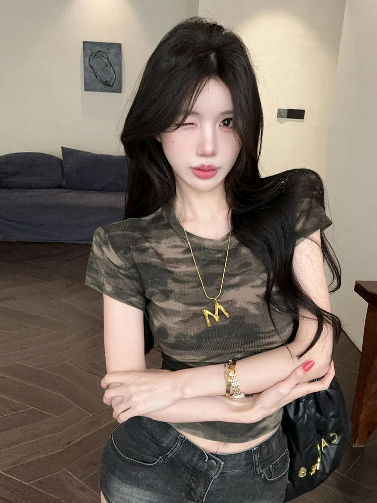 Sexy Camouflage Tie Dye Short Sleeve round Neck T Shirt Retro Fashion Brand Slim Fit Short Length Women's Top Summer Wear