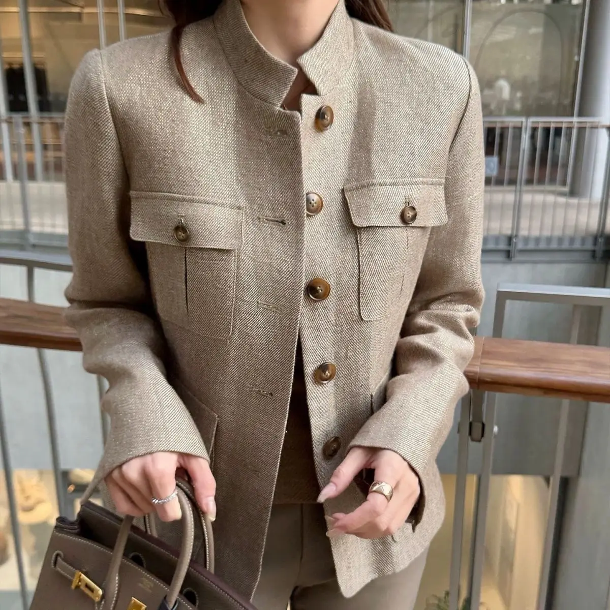 Old money style silhouette stand-up collar top spring design top short jacket temperament thin suit woman