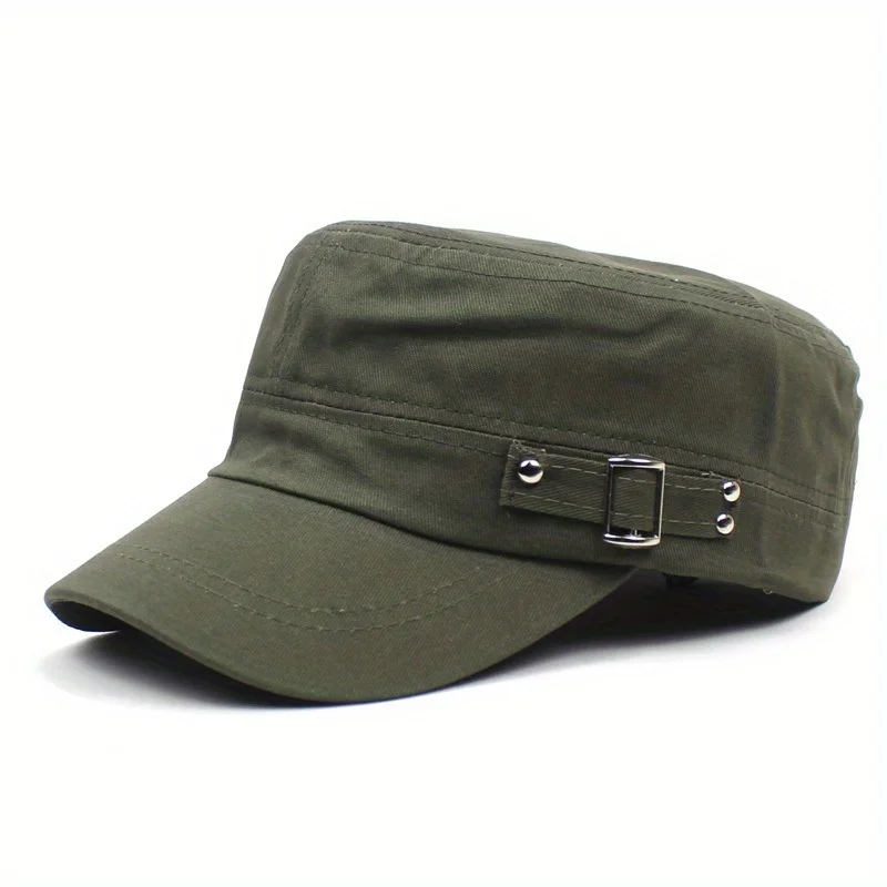 Image of Baseballkappe mit seitlicher Schnalle, einfarbig, Armeegrün, verstellbar, für Sonnenschutz, Snapback, für Outdoor-Reisen, Wandern, Fitnessstudio, lässige Papa-Mütze