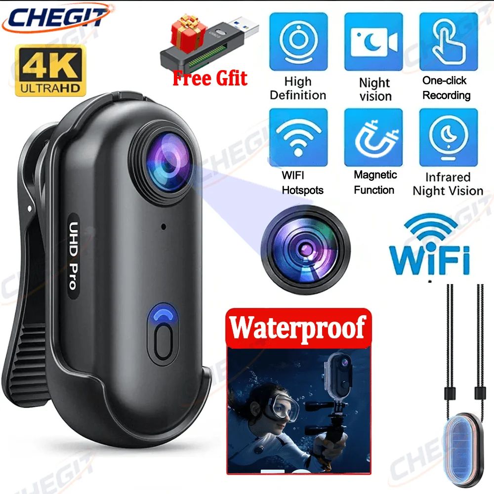 

Pocket 4K WiFi Sports Camera Magnetic Mount Clip 1080P Motorcycle Bike Battery Life Waterproof Case Ideal Bike Helmet Outdoor