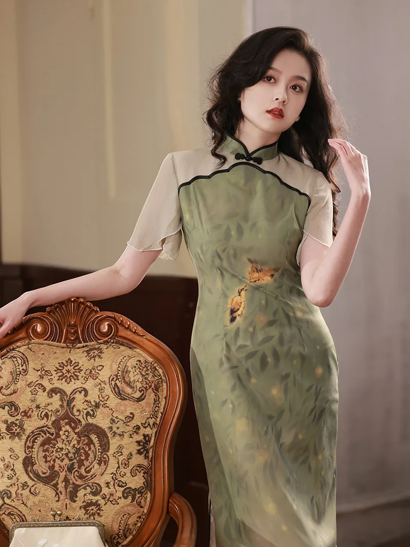 Improved Printing Cheongsam 2023 Spring Retro Dress Disc Buckle Slit Slim Mid-length Girl Chinese Qipao Dress Banquet for Women