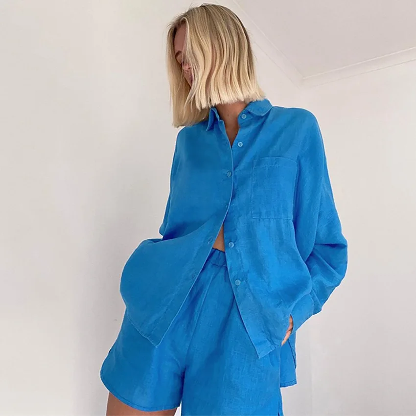 

Синий комплект из двух предметов Long Sve irt And orts, женский летний наряд Faion, материал полиэстера, подходит для детей 25–35 лет