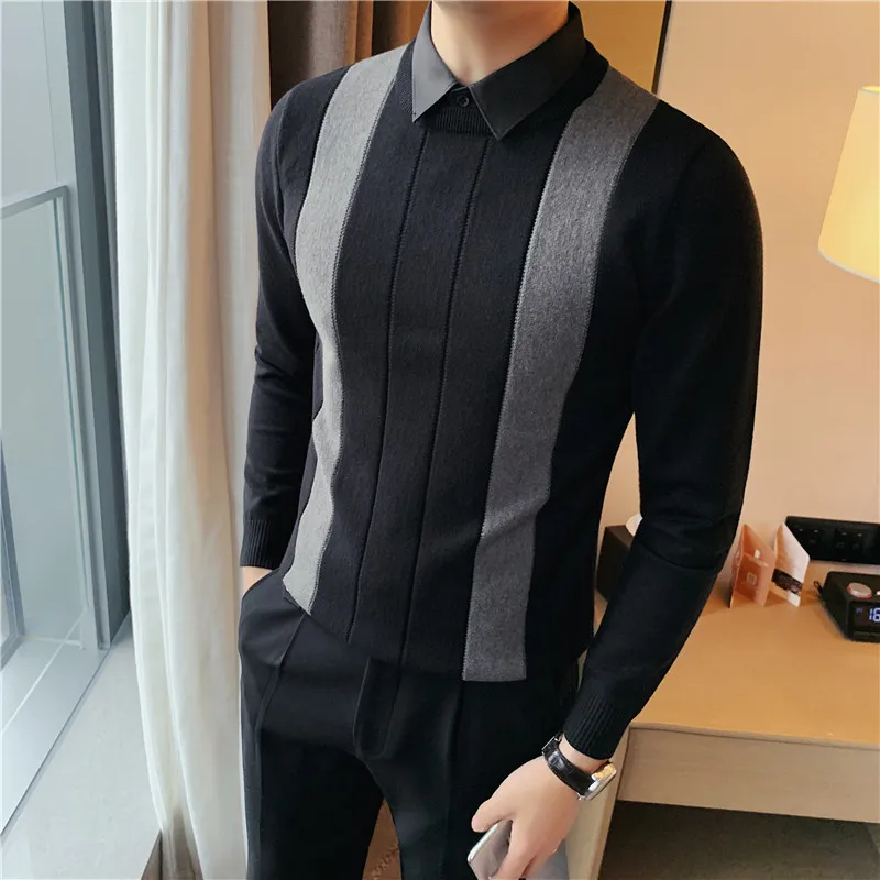 Winter Striped Stitching Sweater Men Long Sleeve Slim Fit Fake Two Knitted Pullovers High Quality Simple Business Men\'s Sweater