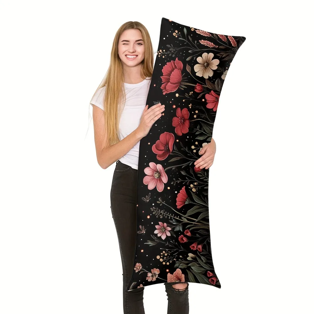 1 Tropical Floral Print Long Throw Pillow Cover | Red Flowers on Dark Background, 100% Polyester, Zippered, Machine Washable - S
