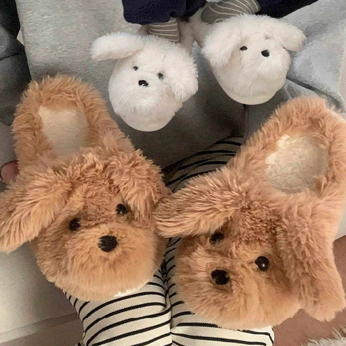 Women House Fur Slippers Casual Cute Lovely Puppy Design White Brown Winter Indoor Non-slip Warm Soft Soles Comfy Home Female