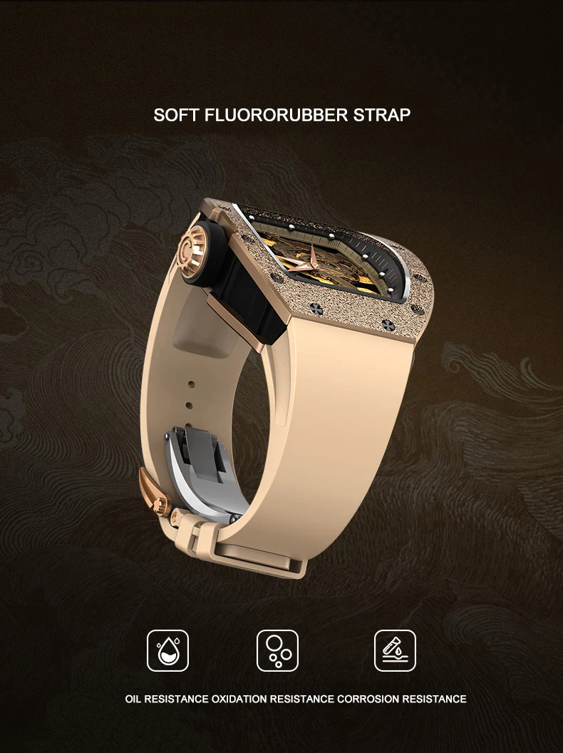 CRONUSART Orologio automatico da uomo 50mm * 42mm Tonneau Orologio da polso meccanico Luminou Cinturino in gomma fluorurata Drago dorato Quadrante scavato