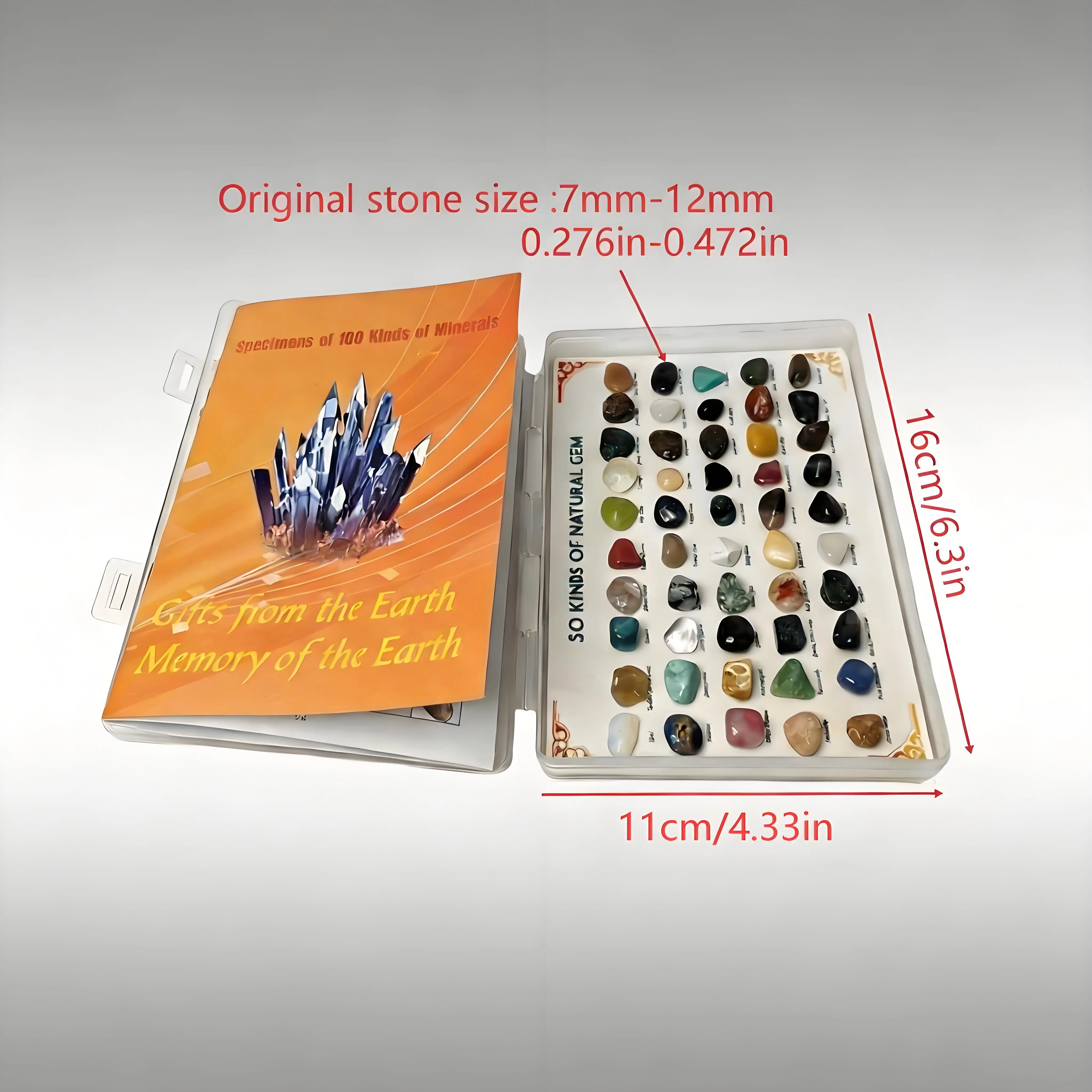 50Pcs Natural Mineral Set +100 Kinds Handbook, Amethyst Obsidian Citrine Pietersite, Home Decor Ornament, Holiday Creative Gift