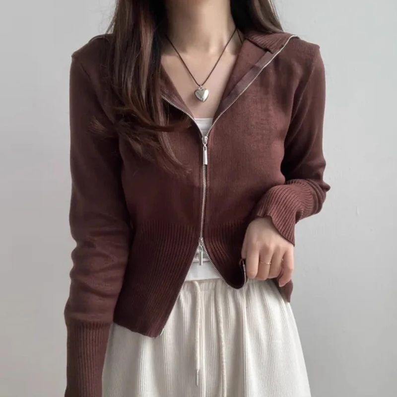 

Ele Autumn New Sle Color Blo Striped Knitted Open Cardigan Sweater Coat Chic Large Collar Zipper Fem Long Sve