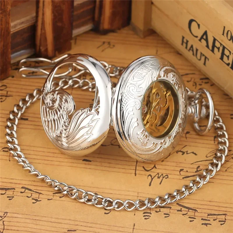 Retro Hollow Out Phoenix Automatic Mechanical Self Wind Pocket Watch Arabic Number Dial Fob Pendant Chain Watches Clock Gift