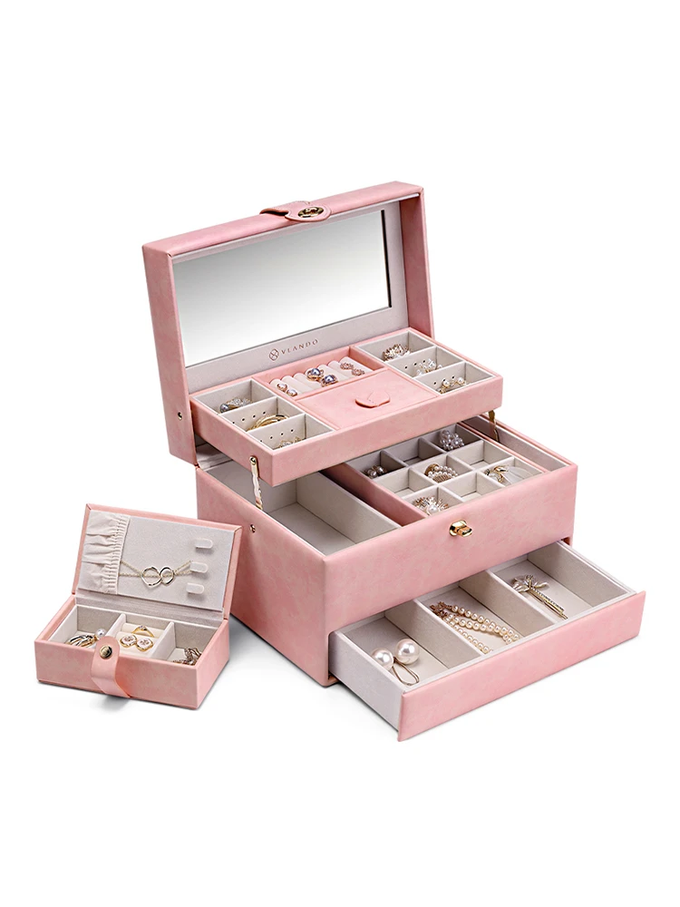 Pink Leather Jewellery Box, Portable Delicate and Elegant Large Capacity, High Quality Birthday Gift