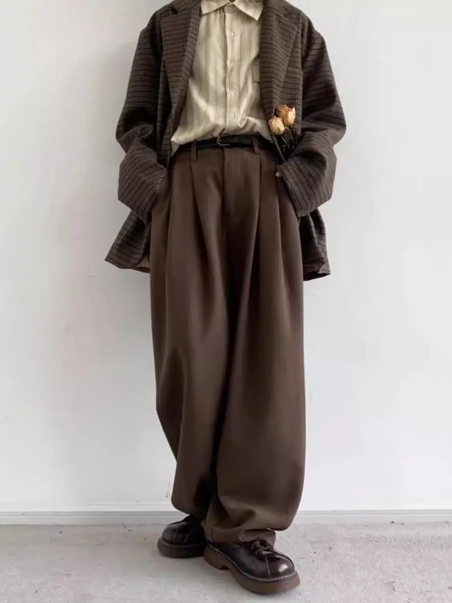 

Мужские брюки в японском ретро-стиле, кофейно-коричневые, прямого кроя, широкие, простые, повседневные, весенние, молодежные, модные, длинные