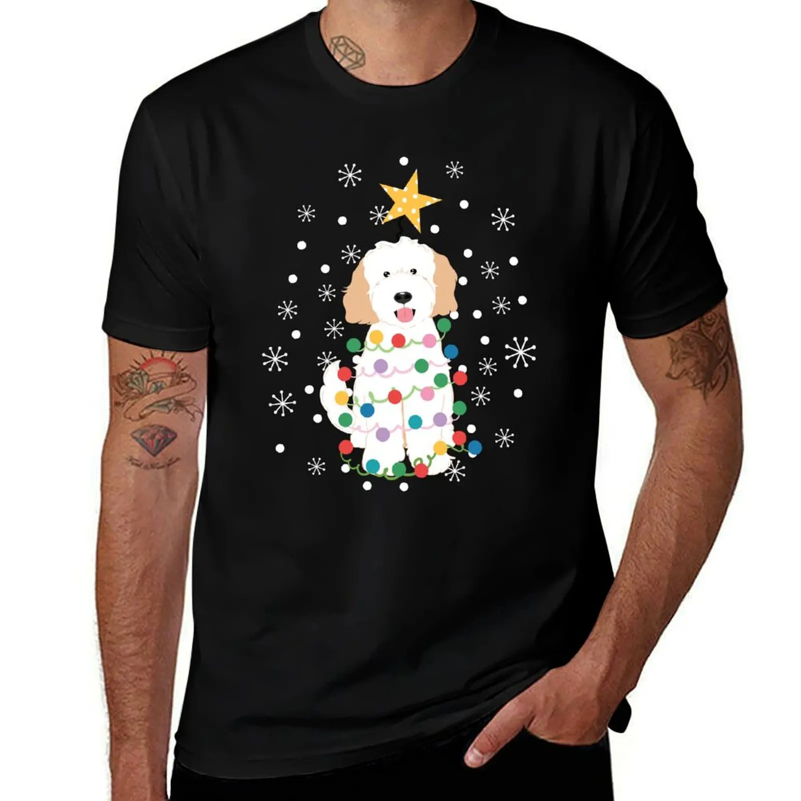 White Cream Goldendoodle Christmas Tree T-Shirt Light Athletic Short Sleeve Tee Shirt
