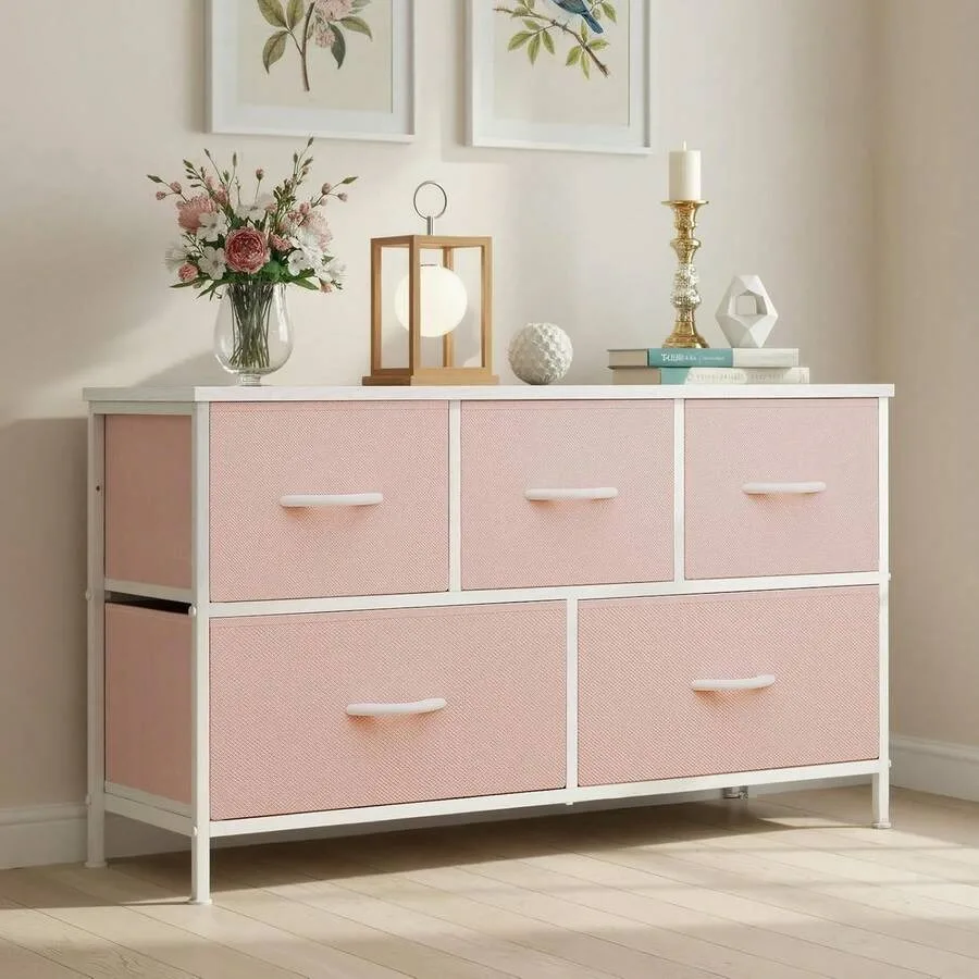 Sweetcrispy 5 Fabric Dresser With 5 Storage Drawers, TV Stand With Wooden Top Metal Frame For Clothes, Living Room, Hallway, En