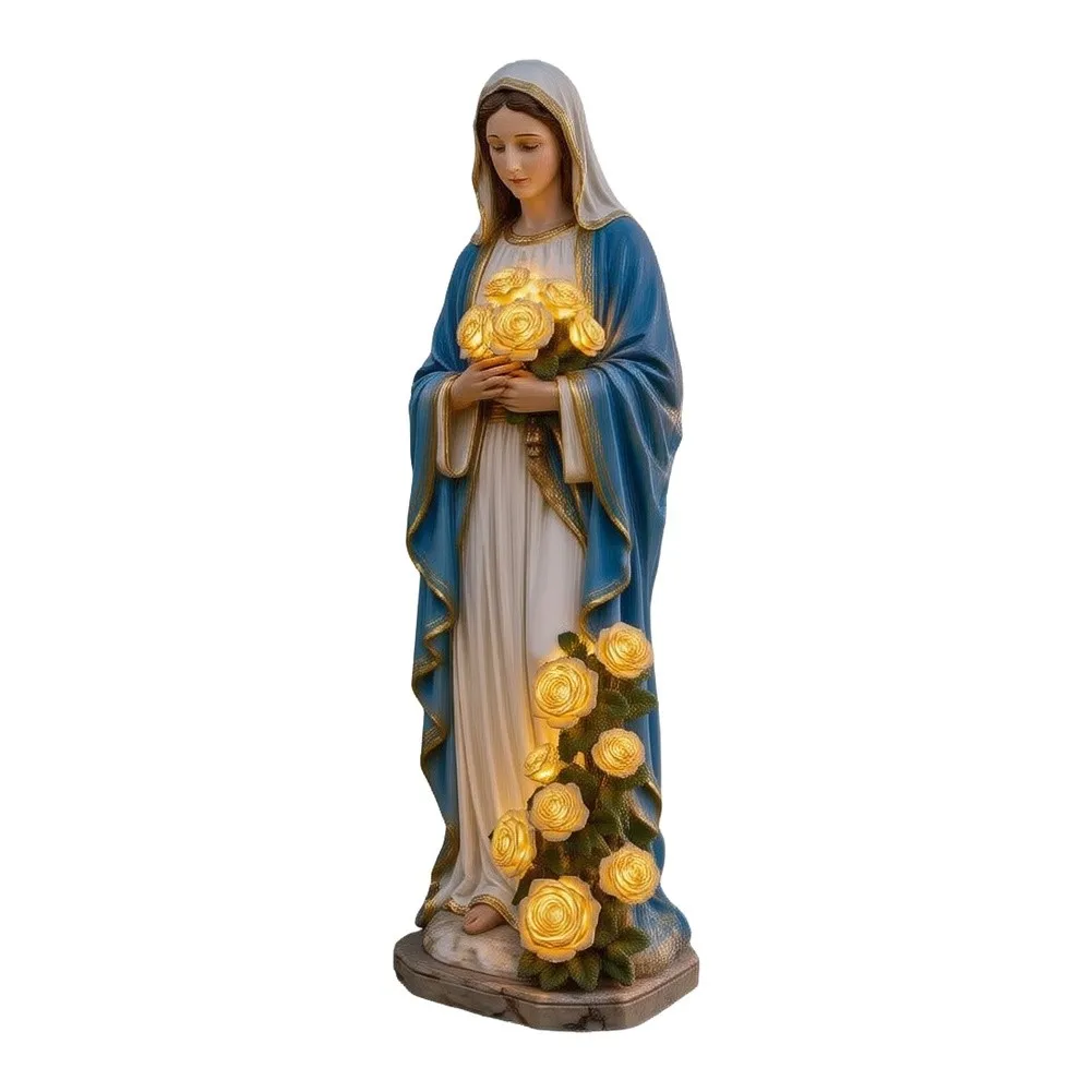Virgin Mary Yard Light Statue with LED Illuminated Roses Resin Garden Christian Decor 7.2 6.5 20 cm Outdoor Faith Art