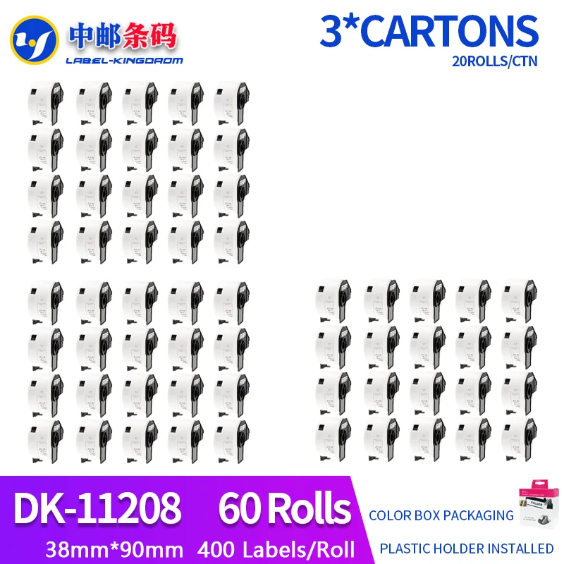 60 Rolls Compatible DK-11208 Label 38*90mm 400Pcs for Brother QL-700/800/1060/1100 Thermal Printer All Include Plastic Holder