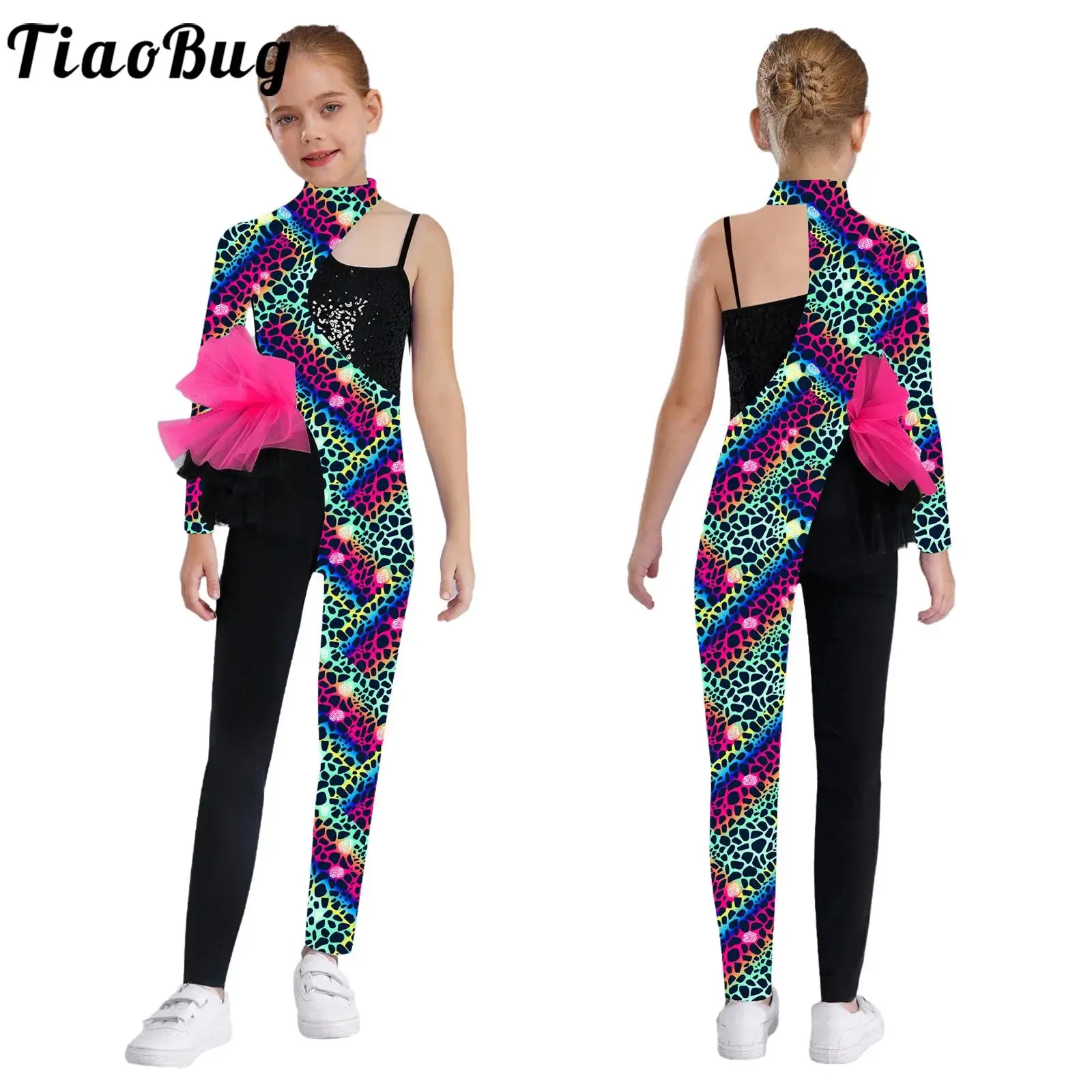 

Girls Asymmetrical Jumpsuit for Dance Skating Gymnastic Ballet Stylish Print Costume Side Tulle Peplum Patchwork Sequin Bodysuit