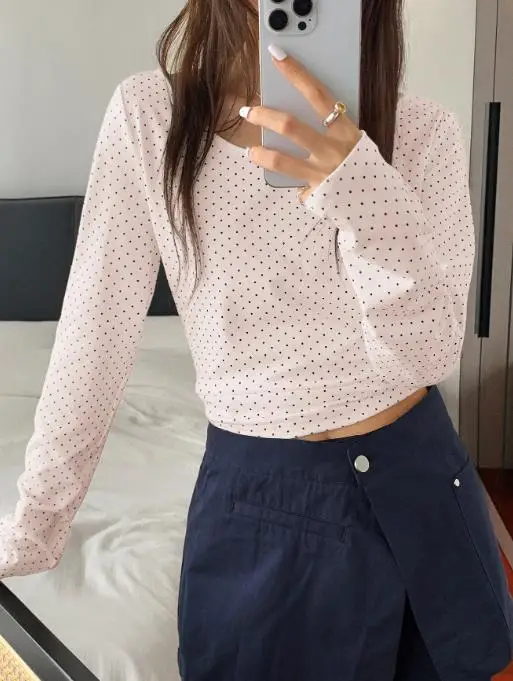 2025 الخريف/الشتاء Y2K الساخن فتاة العاصفة نقطة سليم صالح بأكمام طويلة تي شيرت الملابس النسائية بلوزة كاجوال القمم