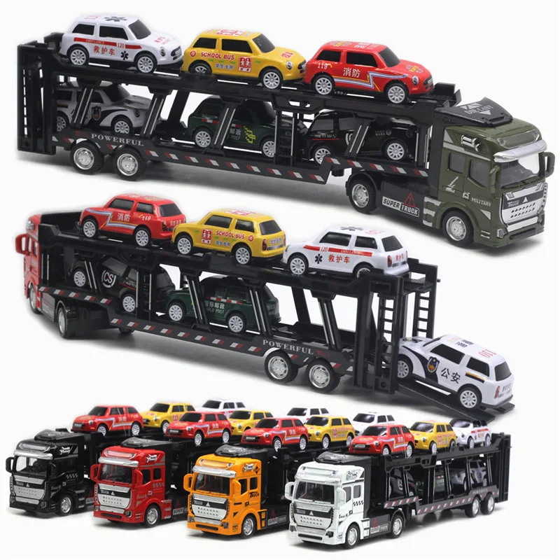 1:48 Alloy Double-layer Transport Vehicle Model Truck Toy Car Transporter with 6 Trolleys Semi-trailer Children Birthday Gifts