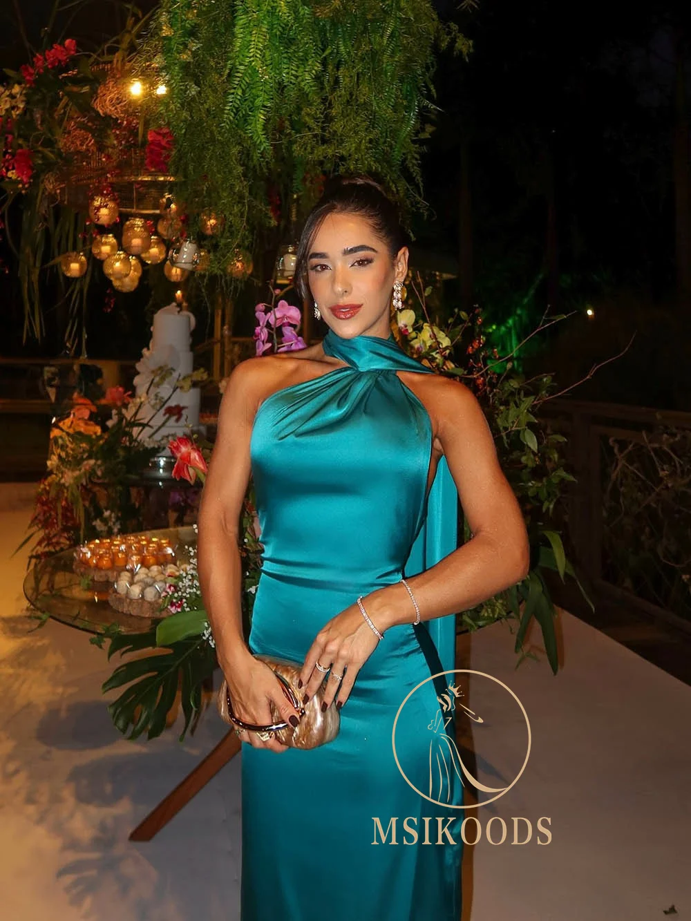 Msikoods cetim halter vestido de noite 2025 elegante sem costas alta fenda longo vestido de baile sem mangas sexy vestido de festa mulher personalizado