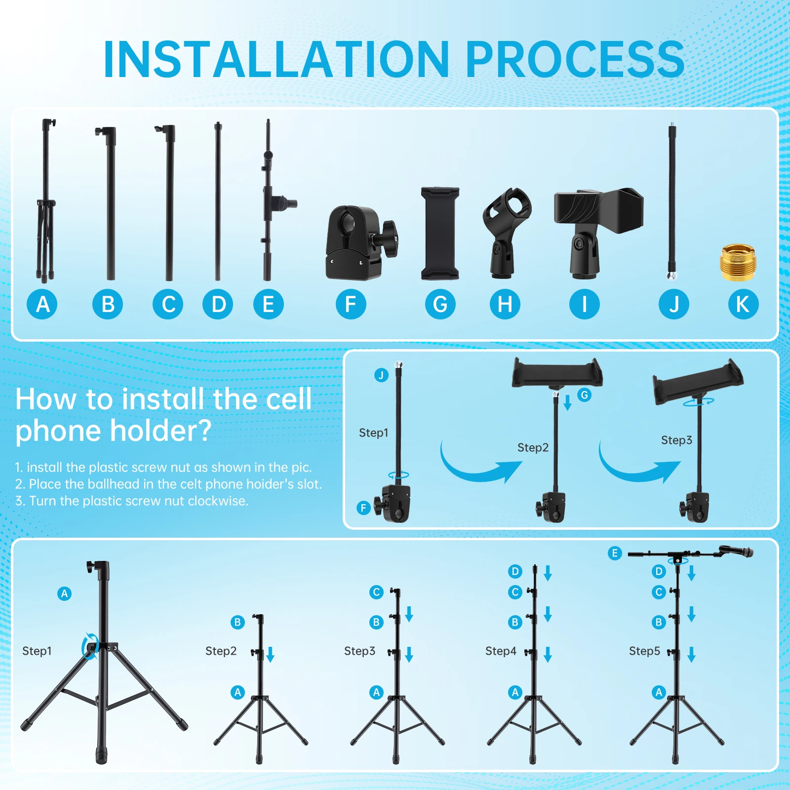 Height Adjustable Tripod Microphone Floor Stand with Phone and Tablet Holder for Live Streaming, Fits Devices up to 12.9 in