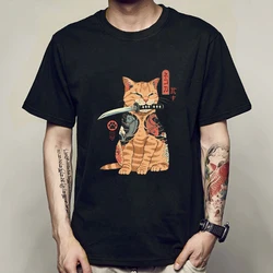 New Fashion Summer Mens T Shirt Casual Short Sleeve Samurai Cat Print Anime Tshirt Men Women Japanese Neko Sushi Wave Tops