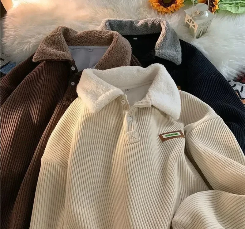 Women Vintage Harajuku Hoodies Oversized Plus Velvet Thickened Corduroy Button Sweatshirts Korean Fashion Pullover Polo Hoodie