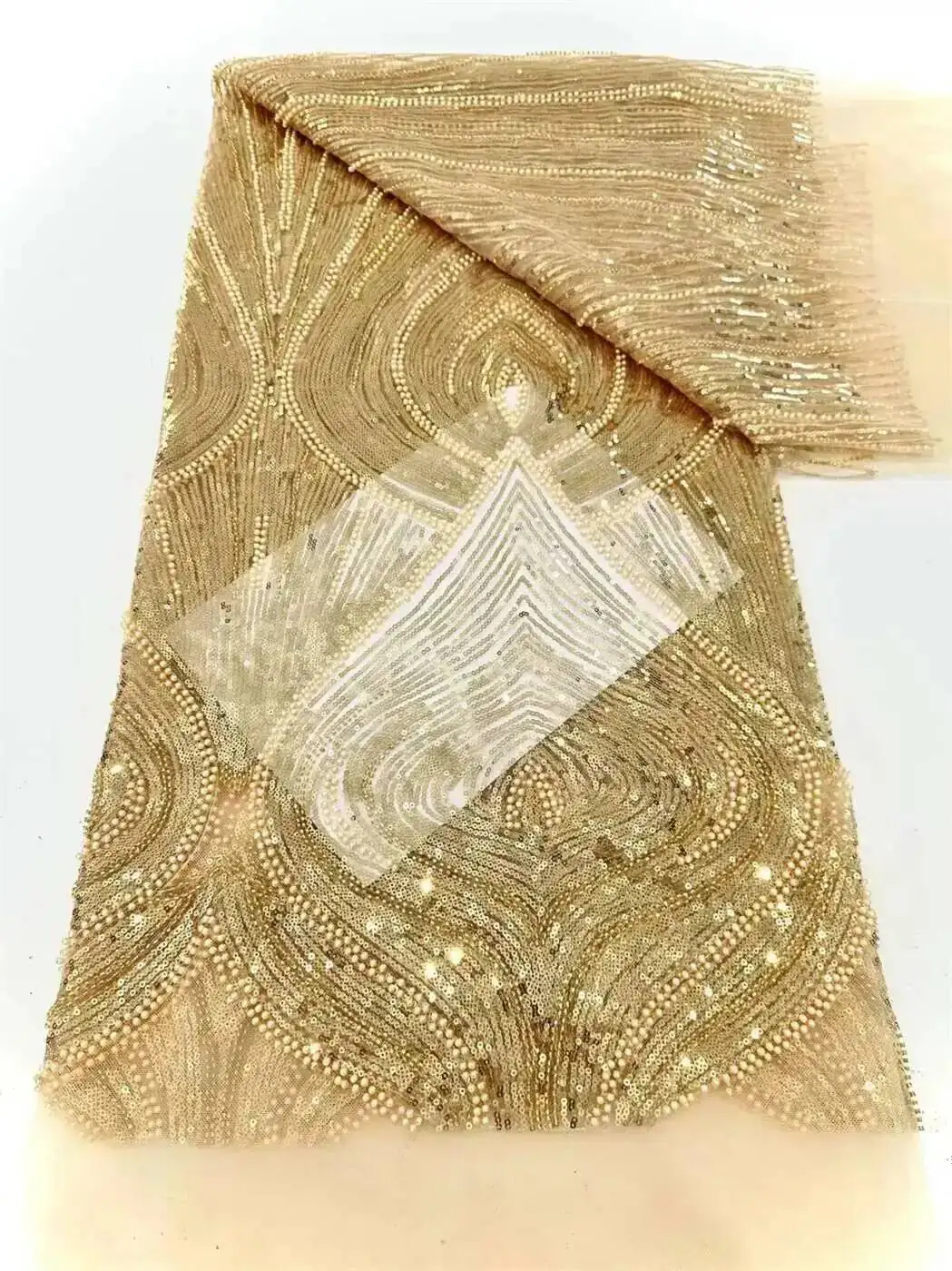 

African French Mesh Lace Beads Fabric Luxury Nigerian Net Lace with Sequins Wedding Dresses For Women High Quality 5yards