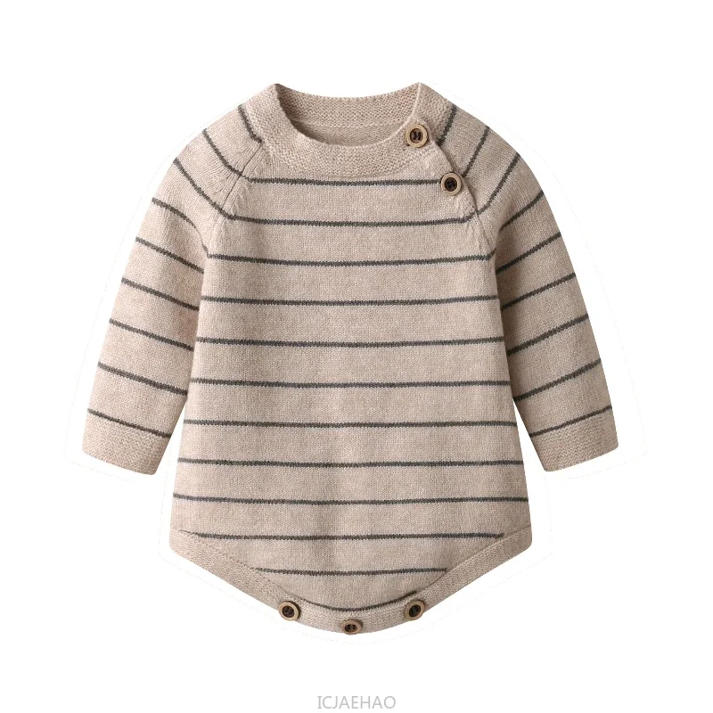 Children Autumn and Winter Clothes Korean Style Fall Baby Kids  Angora Knit Romper Soft Warm CostumeStriped Onesie Long Sleeve