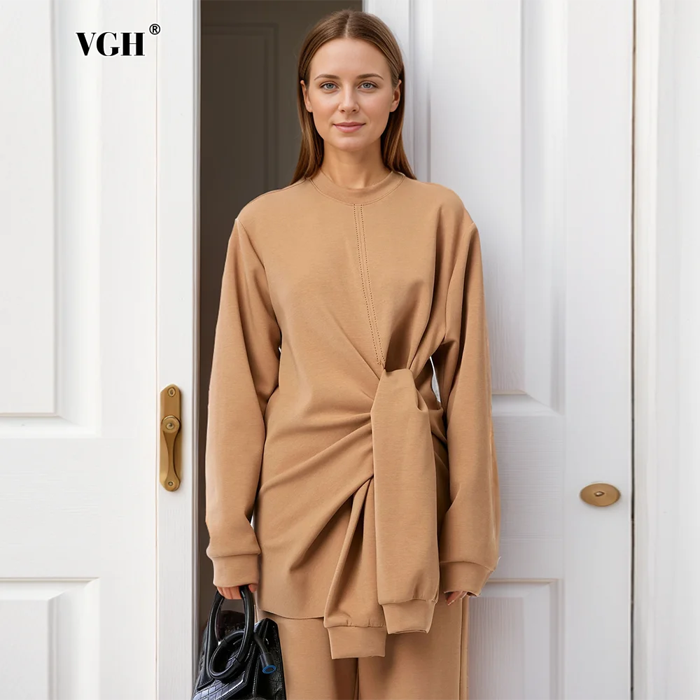 

VGH Solid Minimalist Pullover Sweatershirt For Women Round Neck Long Sleeve Spliced Folds Casual Loose Sweatershirts Female New