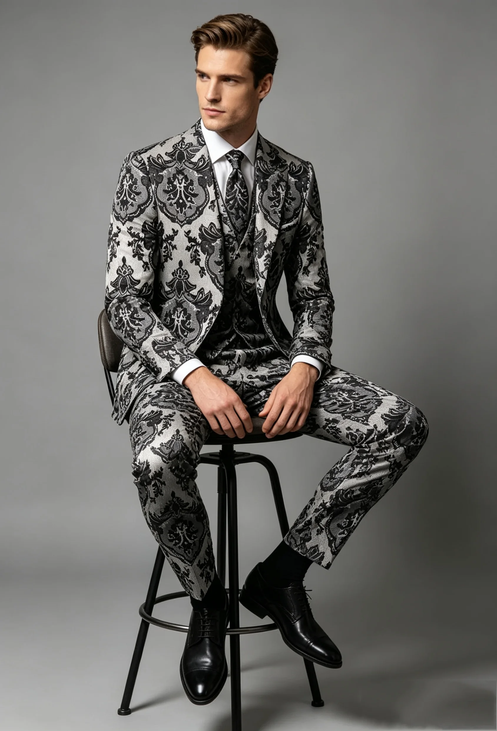 

Black Printed Men Suit Set 2 Pcs Blazer+Pants Spring Prom Wedding Tuxedos Coat Customized Formal Office Groom Jacket