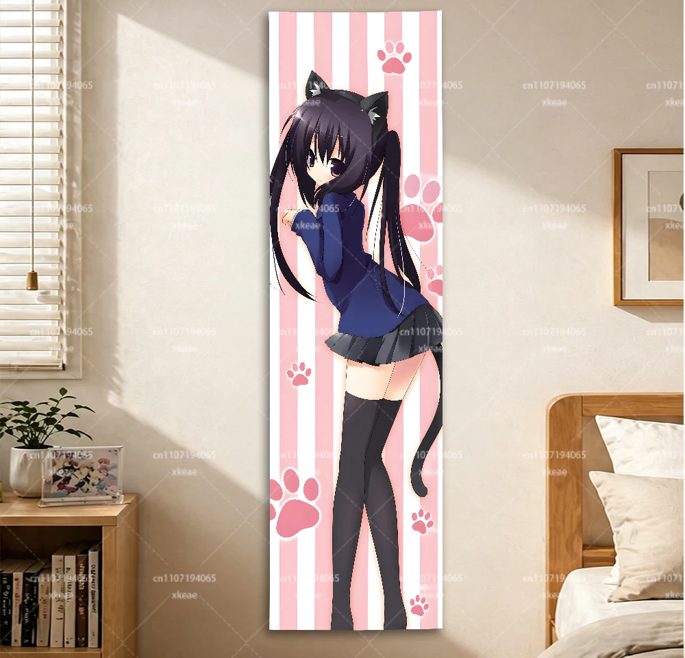 Azusa Nakano Vertical Tapestry, Pink White Stripe Paw Print K-On Long Anime Wall Hanging Bedroom Decor